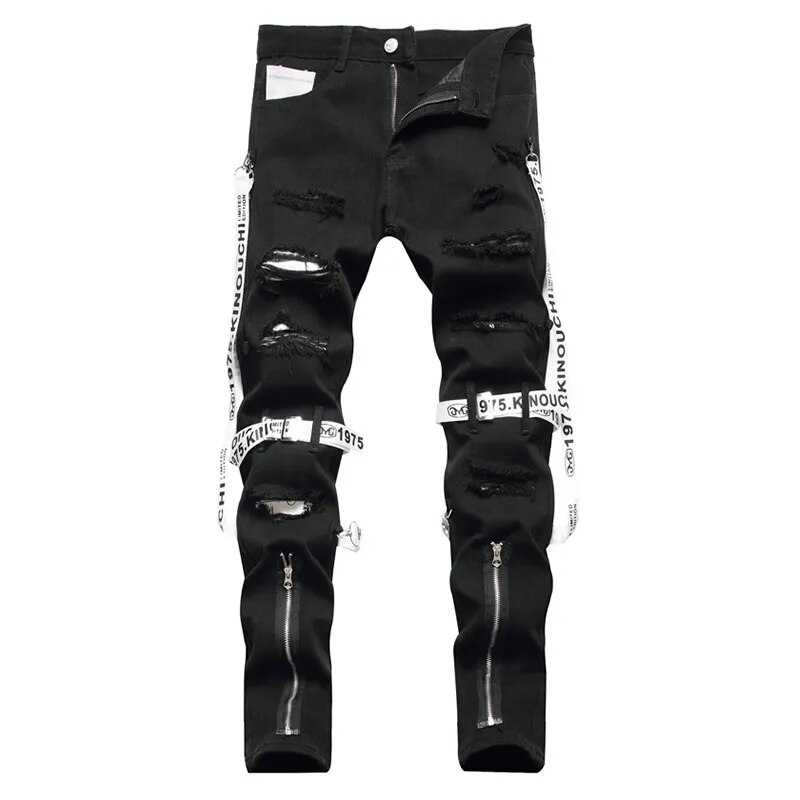 Zippers Black Holes Ripped Denim Pants